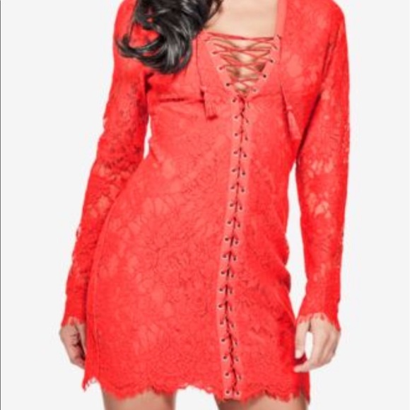 GUESS Lace-Up Lace Mini Dress Flame Scarlet - Picture 2 of 2